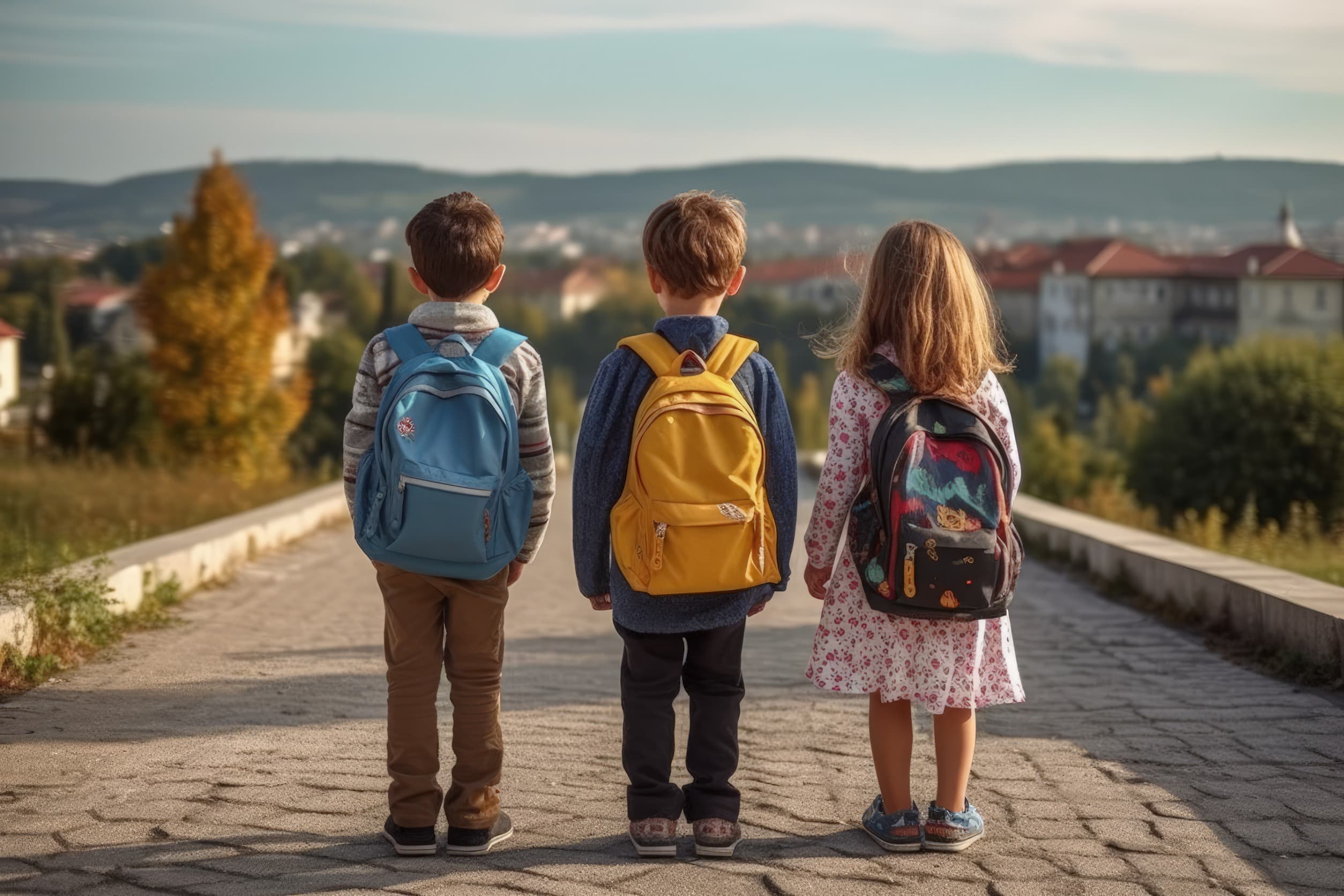 3 Children wearing their backpacks looking at a city